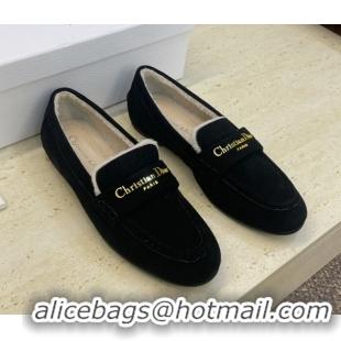 Best Product Dior DiorAlps Boy Flat Loafers in Suede and Shearling Black DR121603 1216100
