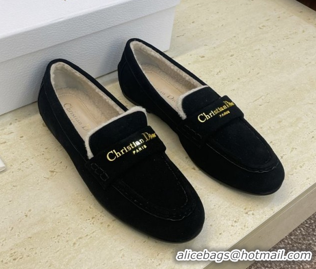 Best Product Dior DiorAlps Boy Flat Loafers in Suede and Shearling Black DR121603 1216100
