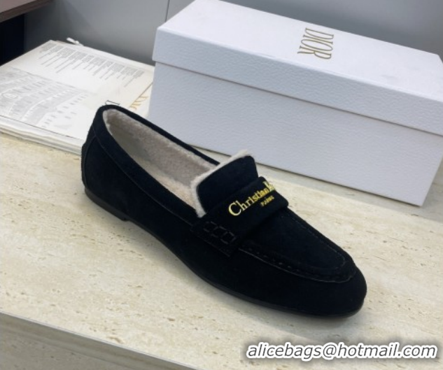 Best Product Dior DiorAlps Boy Flat Loafers in Suede and Shearling Black DR121603 1216100