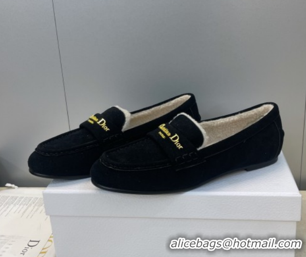 Best Product Dior DiorAlps Boy Flat Loafers in Suede and Shearling Black DR121603 1216100