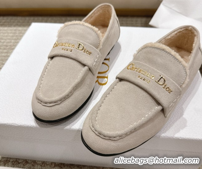 Hot Style Dior DiorAlps Boy Flat Loafers in Suede and Shearling Light Grey DR121603 1216107