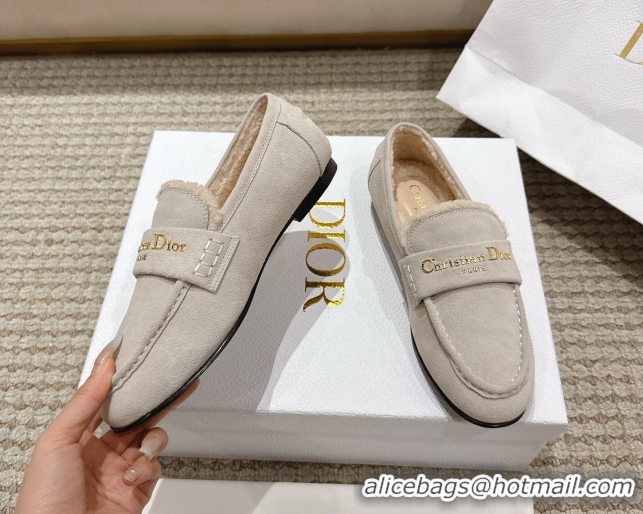 Hot Style Dior DiorAlps Boy Flat Loafers in Suede and Shearling Light Grey DR121603 1216107