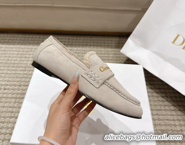 Hot Style Dior DiorAlps Boy Flat Loafers in Suede and Shearling Light Grey DR121603 1216107