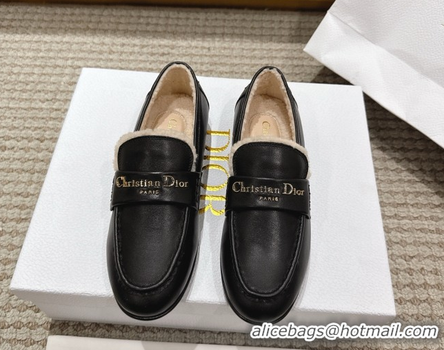 Grade Dior DiorAlps Boy Flat Loafers in Calfskin Leather and Shearling Black DR121603 1216108