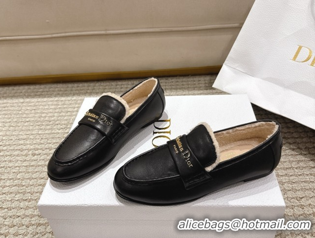Grade Dior DiorAlps Boy Flat Loafers in Calfskin Leather and Shearling Black DR121603 1216108