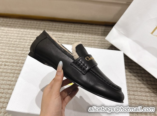 Grade Dior DiorAlps Boy Flat Loafers in Calfskin Leather and Shearling Black DR121603 1216108