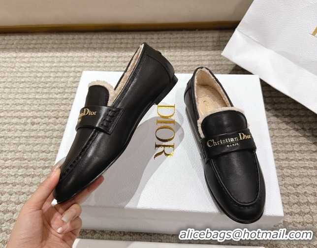 Grade Dior DiorAlps Boy Flat Loafers in Calfskin Leather and Shearling Black DR121603 1216108