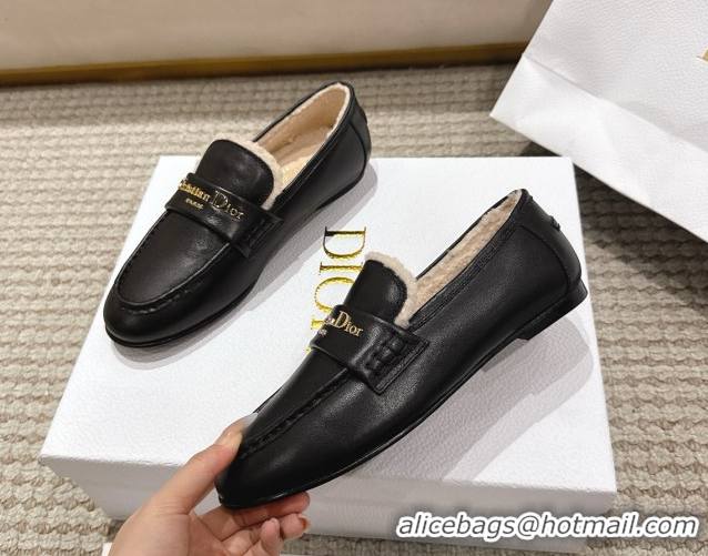 Grade Dior DiorAlps Boy Flat Loafers in Calfskin Leather and Shearling Black DR121603 1216108