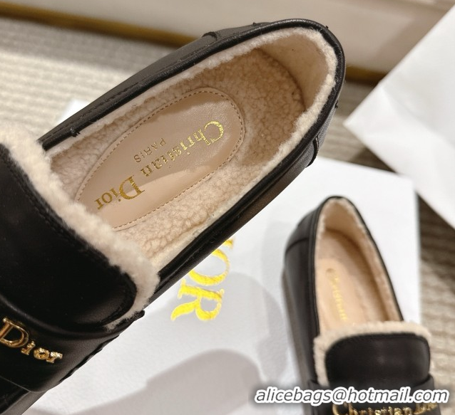 Grade Dior DiorAlps Boy Flat Loafers in Calfskin Leather and Shearling Black DR121603 1216108