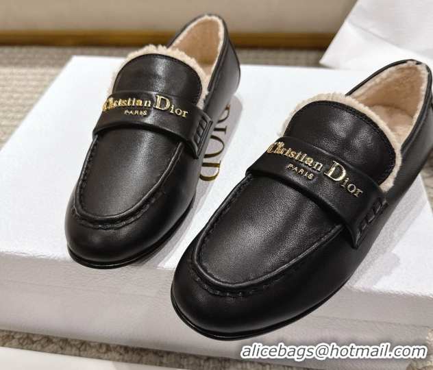 Grade Dior DiorAlps Boy Flat Loafers in Calfskin Leather and Shearling Black DR121603 1216108