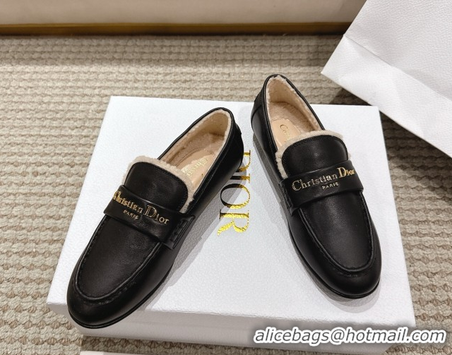 Grade Dior DiorAlps Boy Flat Loafers in Calfskin Leather and Shearling Black DR121603 1216108