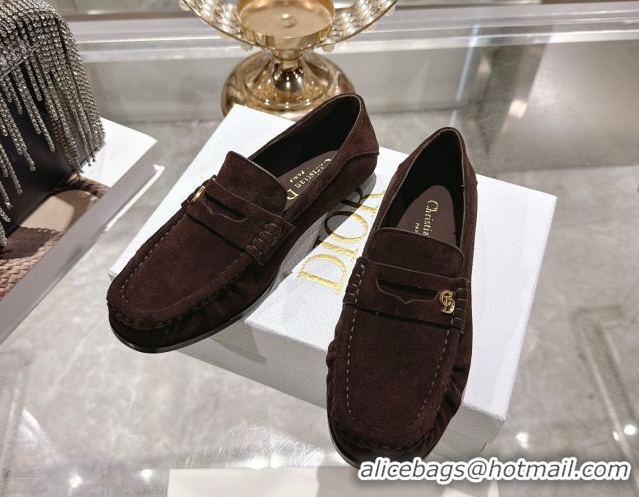 Original Cheap Dior Time Flat Loafers in Suede Chocolate Brown 1216109