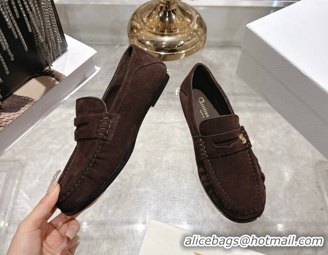 Original Cheap Dior Time Flat Loafers in Suede Chocolate Brown 1216109