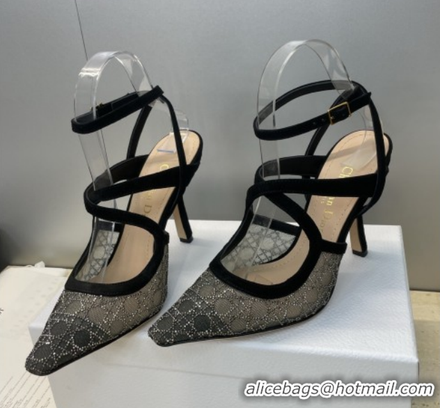 Good Quality Dior Capture Heeled Sandals 9.5cm in Mesh with Strass Cannage Motif DR121606 51216112