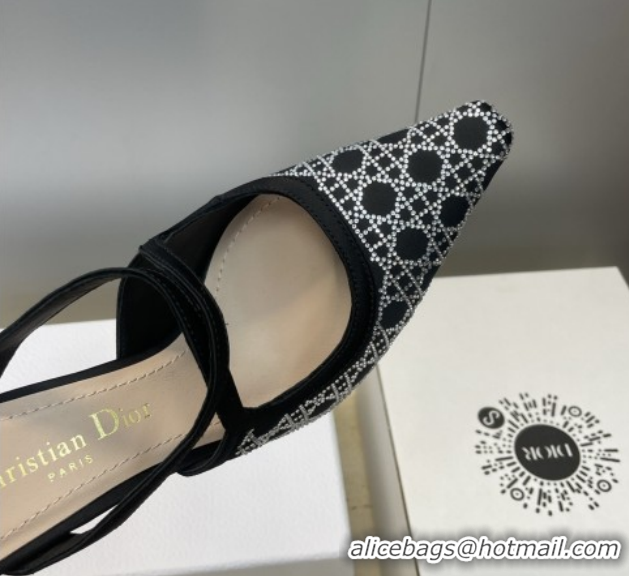 Popular Style Dior Capture Heeled Mules 9.5cm Satin with Strass Cannage Motif Black DR121606 1216113