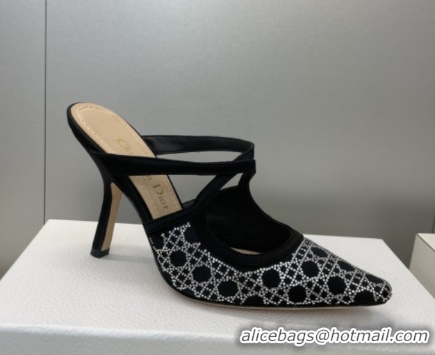 Popular Style Dior Capture Heeled Mules 9.5cm Satin with Strass Cannage Motif Black DR121606 1216113