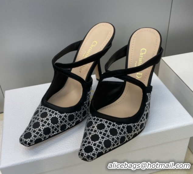 Popular Style Dior Capture Heeled Mules 9.5cm Satin with Strass Cannage Motif Black DR121606 1216113