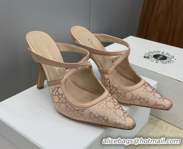 Sophisticated Dior Capture Heeled Mules 9.5cm Satin with Strass Cannage Motif Nude DR121606 1216114