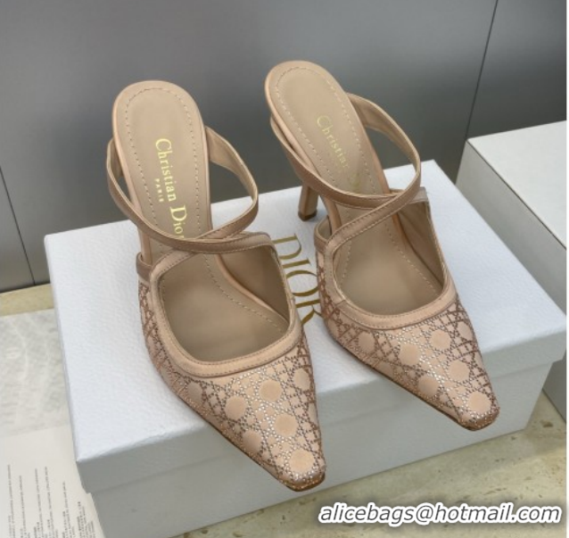 Sophisticated Dior Capture Heeled Mules 9.5cm Satin with Strass Cannage Motif Nude DR121606 1216114