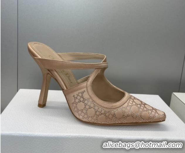 Sophisticated Dior Capture Heeled Mules 9.5cm Satin with Strass Cannage Motif Nude DR121606 1216114