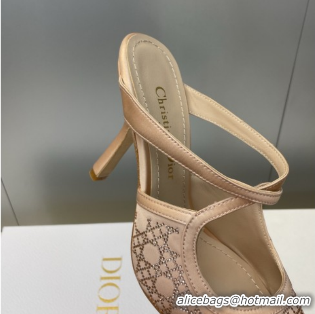 Sophisticated Dior Capture Heeled Mules 9.5cm Satin with Strass Cannage Motif Nude DR121606 1216114
