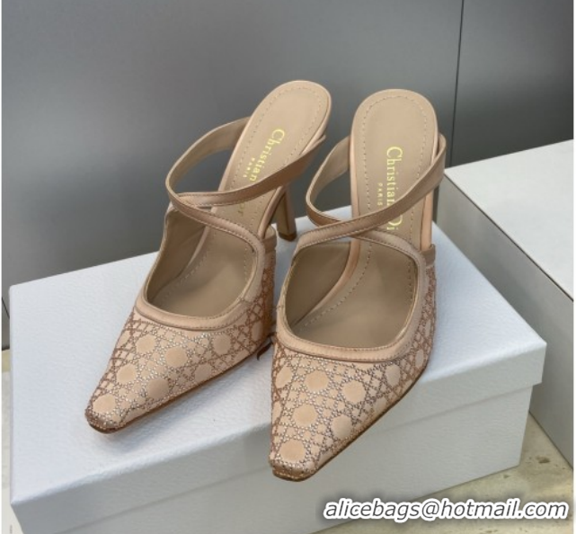 Sophisticated Dior Capture Heeled Mules 9.5cm Satin with Strass Cannage Motif Nude DR121606 1216114