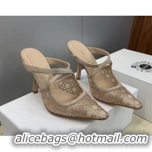 Shop Cheap Dior Capture Heeled Mules 9.5cm in Mesh with Strass Cannage Motif Beige DR121606 1216115