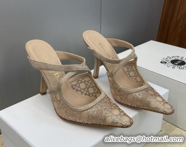Shop Cheap Dior Capture Heeled Mules 9.5cm in Mesh with Strass Cannage Motif Beige DR121606 1216115