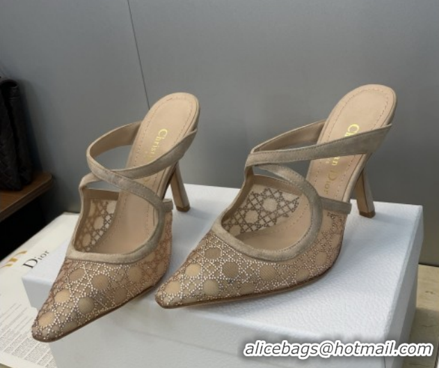 Shop Cheap Dior Capture Heeled Mules 9.5cm in Mesh with Strass Cannage Motif Beige DR121606 1216115