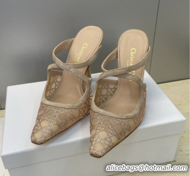 Shop Cheap Dior Capture Heeled Mules 9.5cm in Mesh with Strass Cannage Motif Beige DR121606 1216115