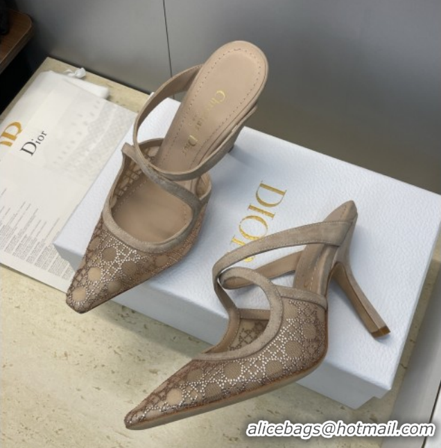 Shop Cheap Dior Capture Heeled Mules 9.5cm in Mesh with Strass Cannage Motif Beige DR121606 1216115