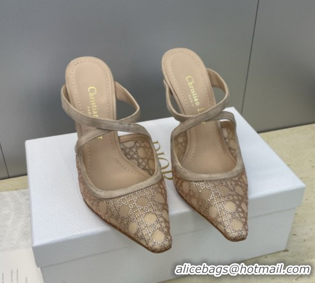 Shop Cheap Dior Capture Heeled Mules 9.5cm in Mesh with Strass Cannage Motif Beige DR121606 1216115