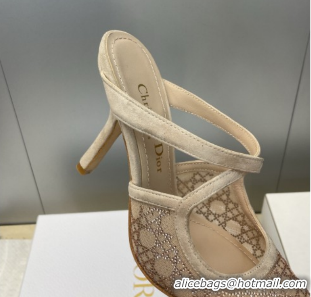 Shop Cheap Dior Capture Heeled Mules 9.5cm in Mesh with Strass Cannage Motif Beige DR121606 1216115