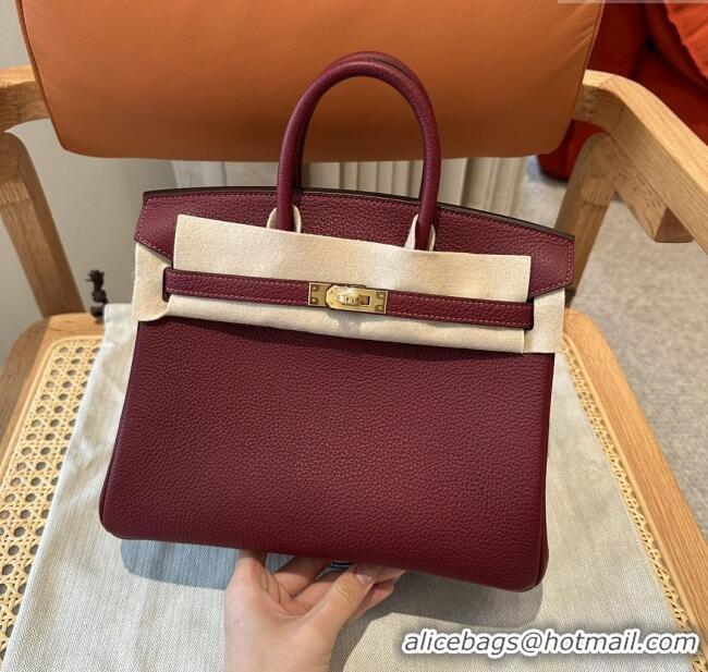 Famous Brand Hermes Birkin 25 Bag in Togo Calfskin Leather H25 Bordeaux/Gold 2025 (Half Handmade)