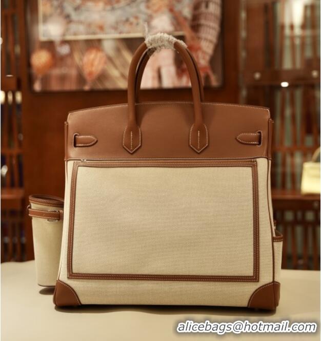 Grade Design Hermes HAC CARGO HAUT A COURROIES 40 Bag in Canvas & Swift Leather H40 Brown 2025(Half Handmade)