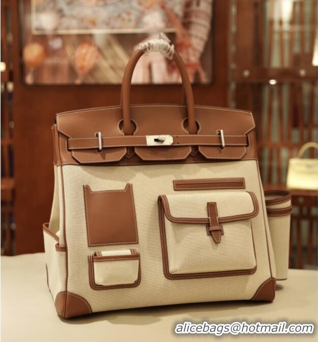 Grade Design Hermes HAC CARGO HAUT A COURROIES 40 Bag in Canvas & Swift Leather H40 Brown 2025(Half Handmade)