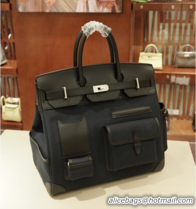 Buy Discount Hermes HAC CARGO HAUT A COURROIES 40 Bag in Canvas & Swift Leather H40 Black 2025(Half Handmade)
