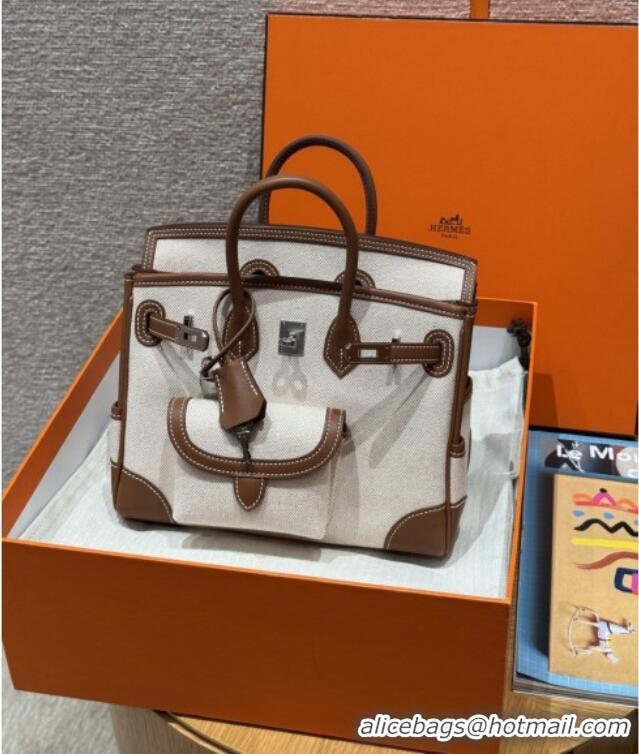 Promotional Hermes Birkin 25cm Cargo Bag in Swift Leather and Canvas H25 Dark Brown/Silver 2025 (Half Handmade)