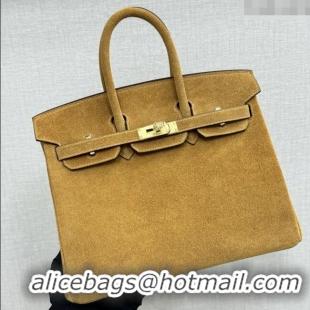 Super Quality Hermes Birkin 25 Bag in Suede Leather H25 Camel/Gold 2025 (Half Handmade)