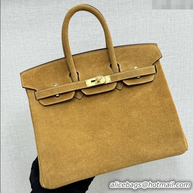 Super Quality Hermes Birkin 25 Bag in Suede Leather H25 Camel/Gold 2025 (Half Handmade)