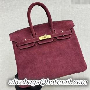 Good Taste Hermes Birkin 25 Bag in Suede Leather H25 Angola Red/Gold 2025 (Half Handmade)