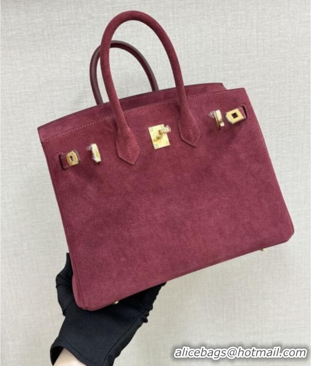 Top Quality Hermes Birkin 30 Bag in Suede Leather H30 Angola Red/Gold 2025 (Half Handmade)