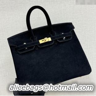 Super Quality Hermes Birkin 25 Bag in Suede Leather H25 Black/Gold 2025 (Half Handmade)