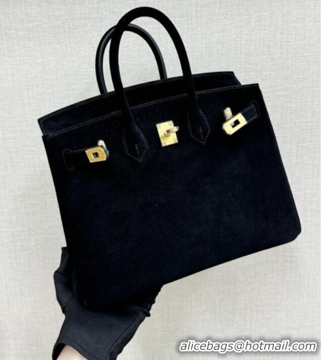 Shop Discount Hermes Birkin 30 Bag in Suede Leather H30 Black/Gold 2025 (Half Handmade)