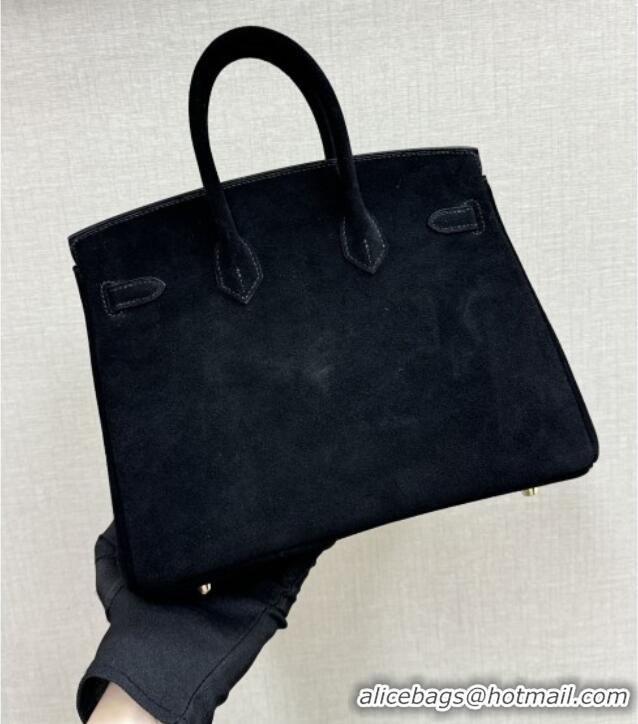 Shop Discount Hermes Birkin 30 Bag in Suede Leather H30 Black/Gold 2025 (Half Handmade)