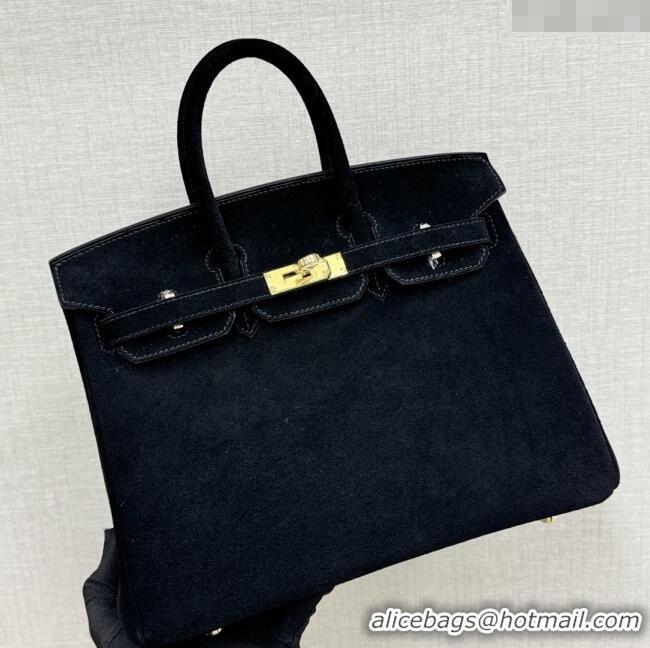 Shop Discount Hermes Birkin 30 Bag in Suede Leather H30 Black/Gold 2025 (Half Handmade)