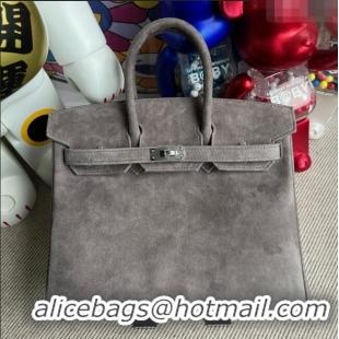 Super Quality Hermes Birkin 25 Bag in Suede Leather H25 Grey/Silver 2025 (Half Handmade)