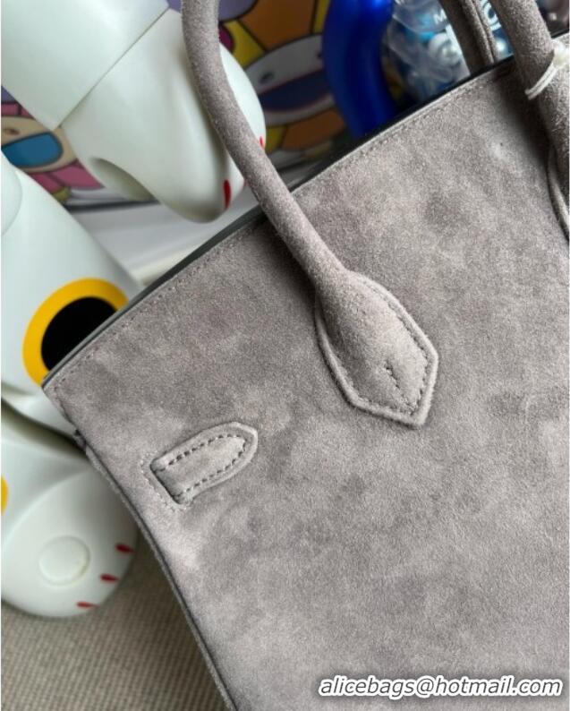 Super Quality Hermes Birkin 25 Bag in Suede Leather H25 Grey/Silver 2025 (Half Handmade)