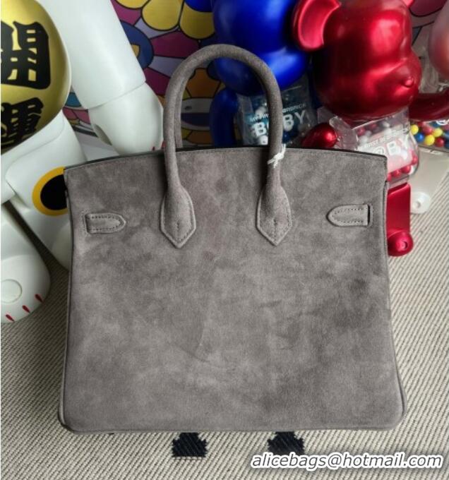 Super Quality Hermes Birkin 25 Bag in Suede Leather H25 Grey/Silver 2025 (Half Handmade)