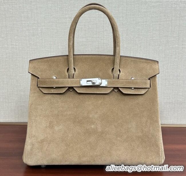 Luxury Cheap Hermes Birkin 25 Bag in Suede Leather H25 Beige/Silver 2025 (Half Handmade)